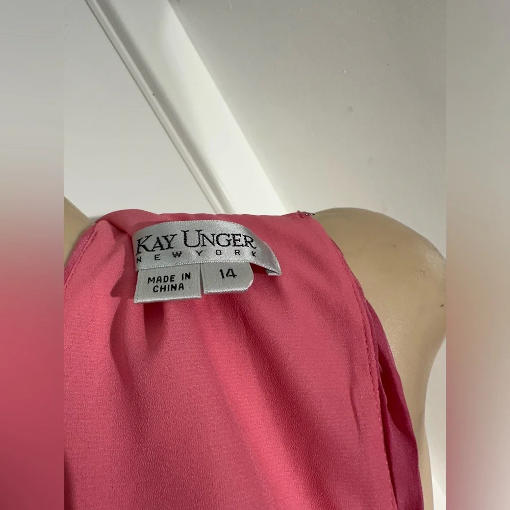 Kay Unger Bright Pink Ruffle Front Sleeveless A-Line Dress Size 14 - Picture 5 of 6
